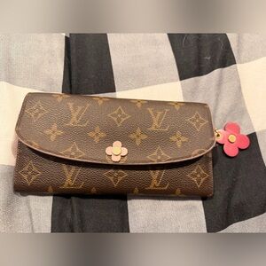Louis Vuitton Emily Brown Monogram Long Wallet with Pink Flower Charm